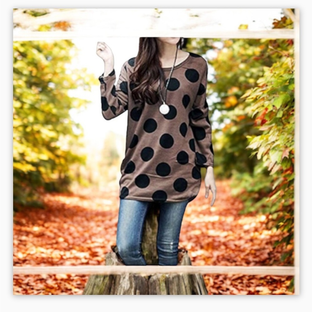 Anself Brown/Black Polka dot tunic /dress -ruching at bottom -Sz Sm-Med …
